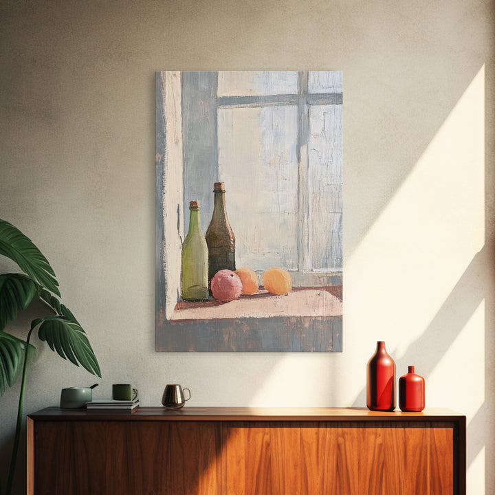 Bottles And Citrus On Windowsill Canvas Print, Rustic Kitchen Wall Art, Still Life Art Print, Farmhouse Dining Room Decor