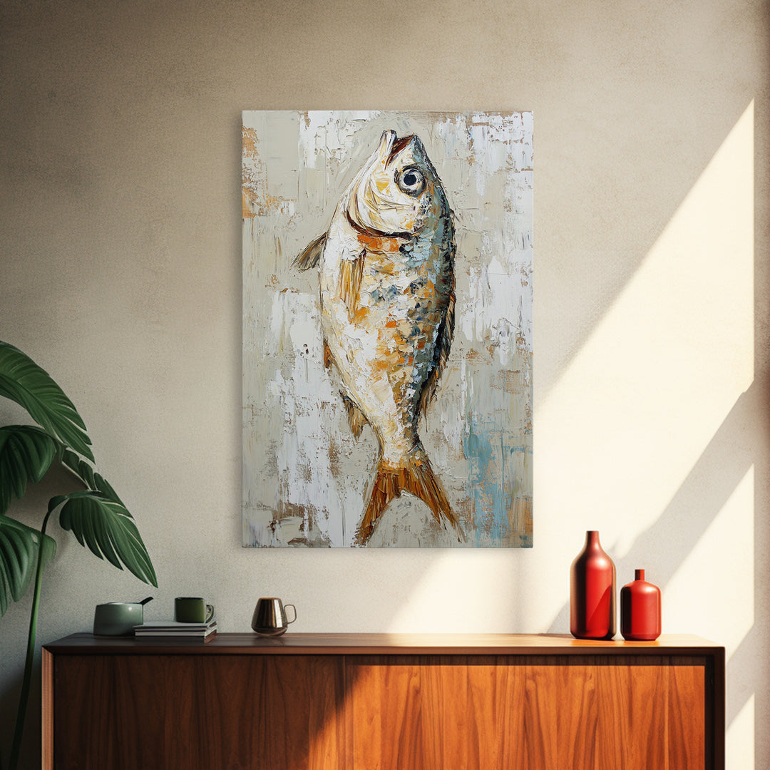 Silver Fish Impasto Canvas Print, Coastal Kitchen Wall Art, Nautical Seafood Decor, Ocean Animal Art Print, Beach House Gift