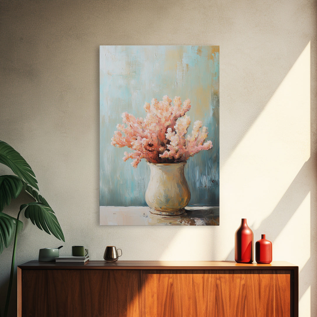 Pink Coral Still Life In Ceramic Vase, Framed Canvas Print, Coastal Wall Art, Beach House Decor, Soft Pastel Home Decor Gift
