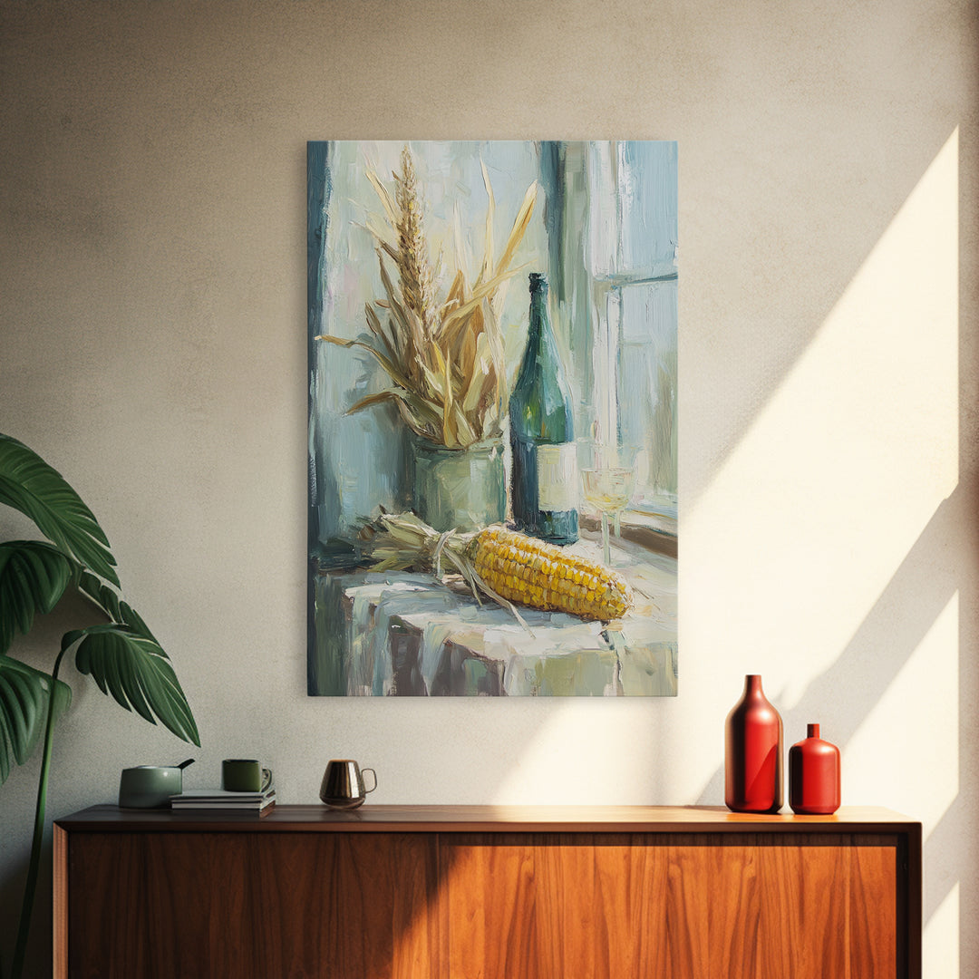 Sunlit Corn And Wine Bottle Still Life, Canvas Print, Farmhouse Kitchen Wall Art, Rustic Country Decor, Dining Room Print