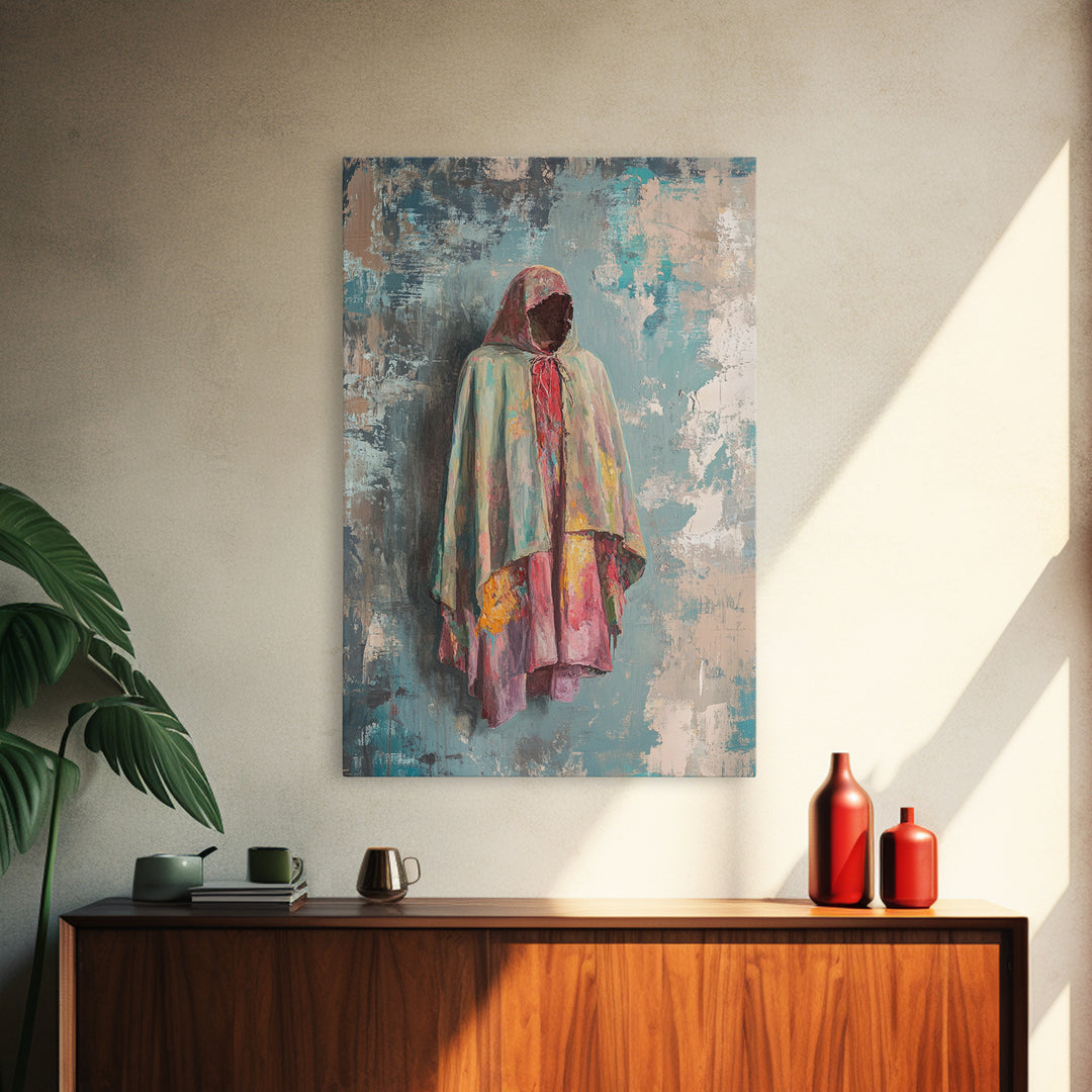 Hooded Pastel Figure In Flowing Robe, Wall Art, African Inspired Art, Cultural Wall Decor, Boho Neutral Home Decor Gift Idea