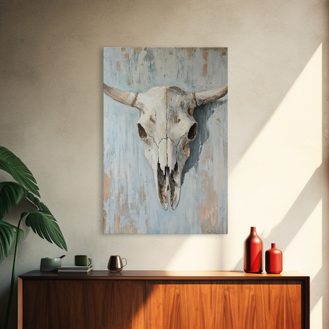 White Longhorn Skull On Blue Wood, Framed Canvas Print, Western Wall Art, Southwestern Decor, Rustic Farmhouse Gift For Him