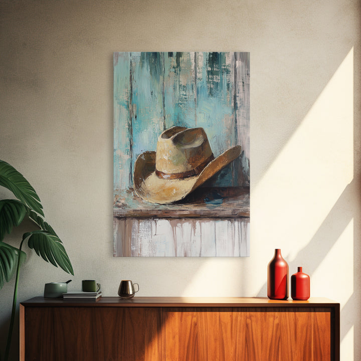 Worn Cowboy Hat On Weathered Shelf, Framed Canvas Print, Western Wall Art, Rustic Ranch Decor, Gift For Him, Man Cave Decor