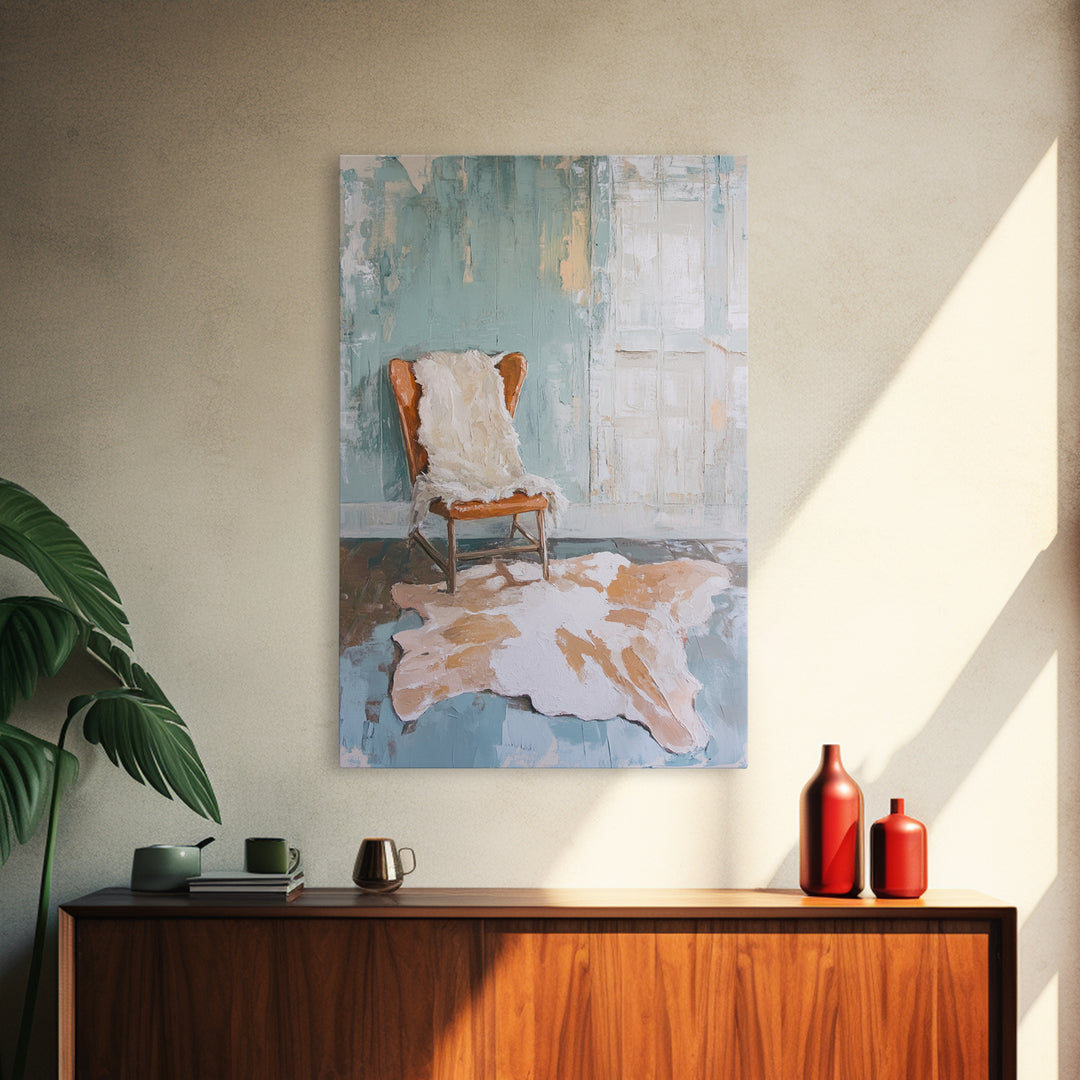 Leather Chair And Cowhide Rug Interior, Canvas Print, Rustic Wall Art, Western Home Decor, Neutral Living Room Wall Art Print