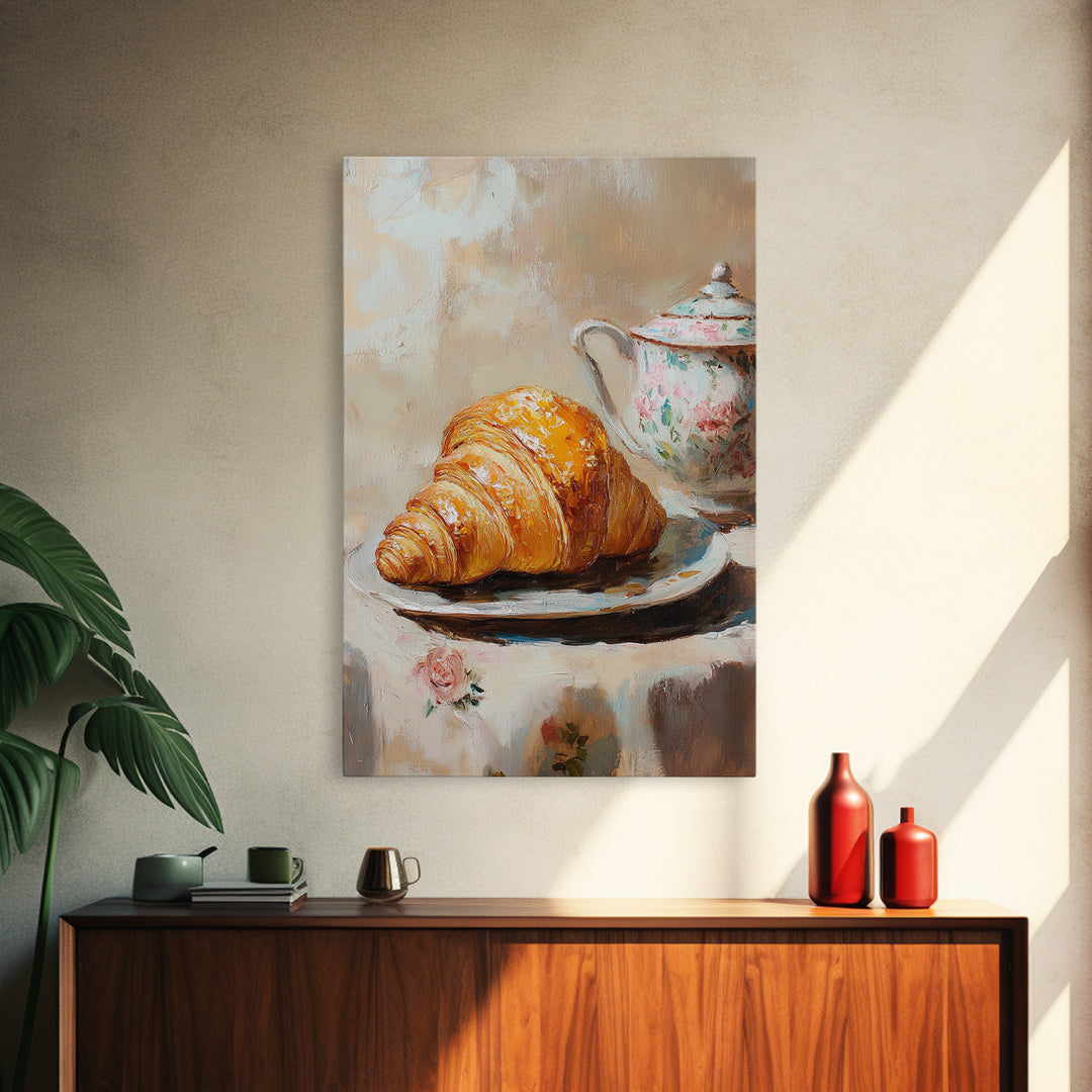 Golden Croissant And Floral Teapot Framed Canvas Print, French Bakery Wall Art, Kitchen Decor, Cafe Art Print, Foodie Gift