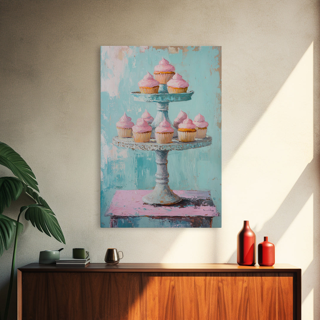 Pink Cupcakes On Tiered Stand Canvas Print, Cute Bakery Wall Art, Girls Room Decor, Dessert Art, Kitchen Decor Gift, Home Decor