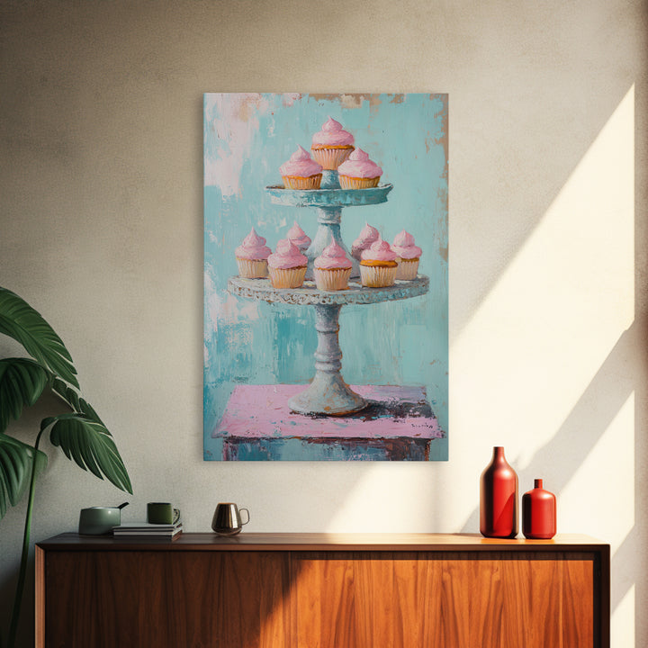 Pink Cupcakes On Tiered Stand Canvas Print, Cute Bakery Wall Art, Girls Room Decor, Dessert Art, Kitchen Decor Gift, Home Decor