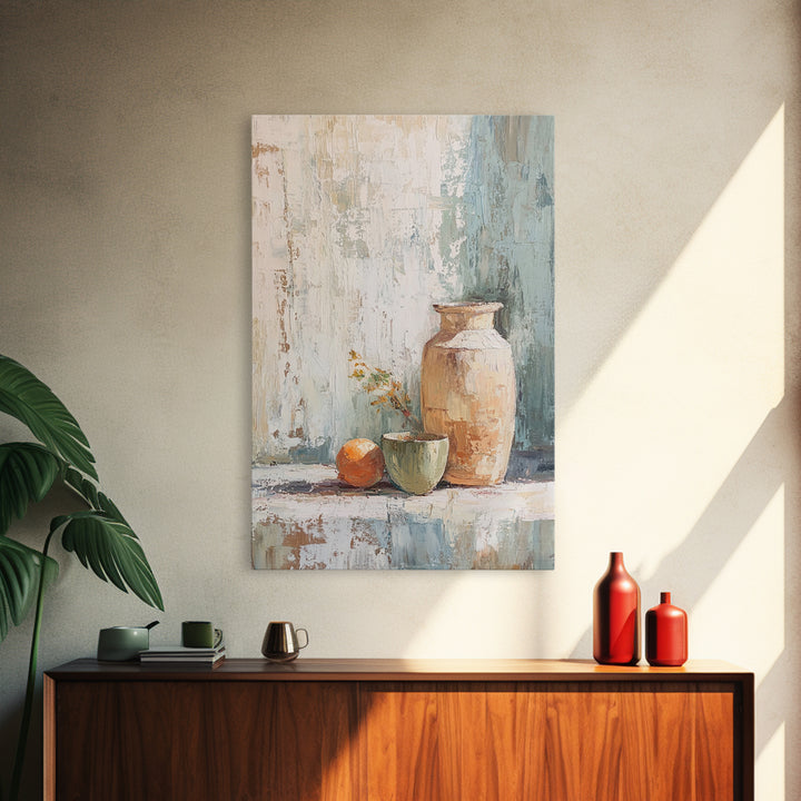 Rustic Vase With Orange Still Life Canvas Print, Neutral Wall Art, Farmhouse Decor, Kitchen Art, Minimalist Home Decor Gift