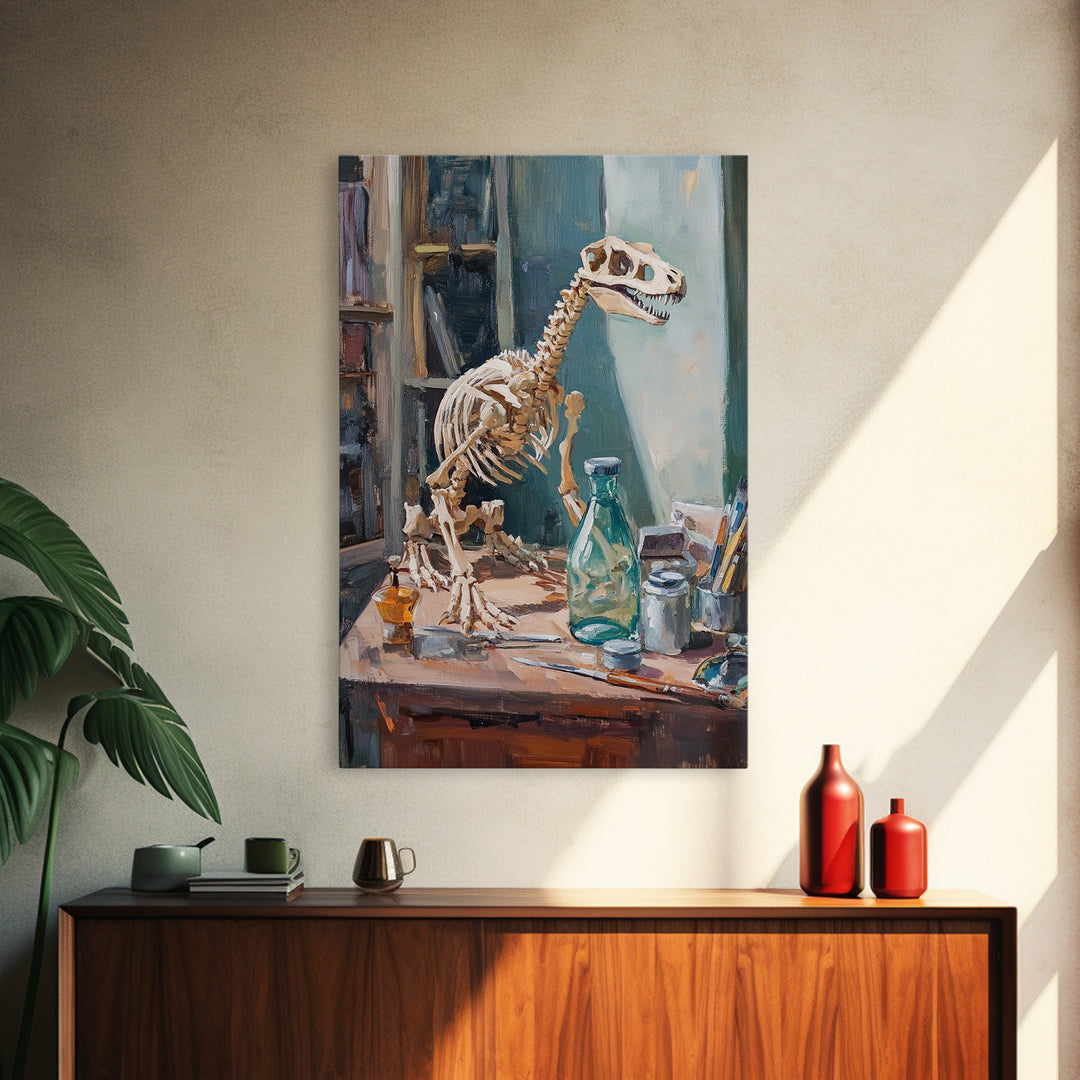 Dinosaur Skeleton On Artist Desk Canvas Print, Curiosity Cabinet Wall Art, Science Decor, Kids Room Decor, Unique Gift For Kids