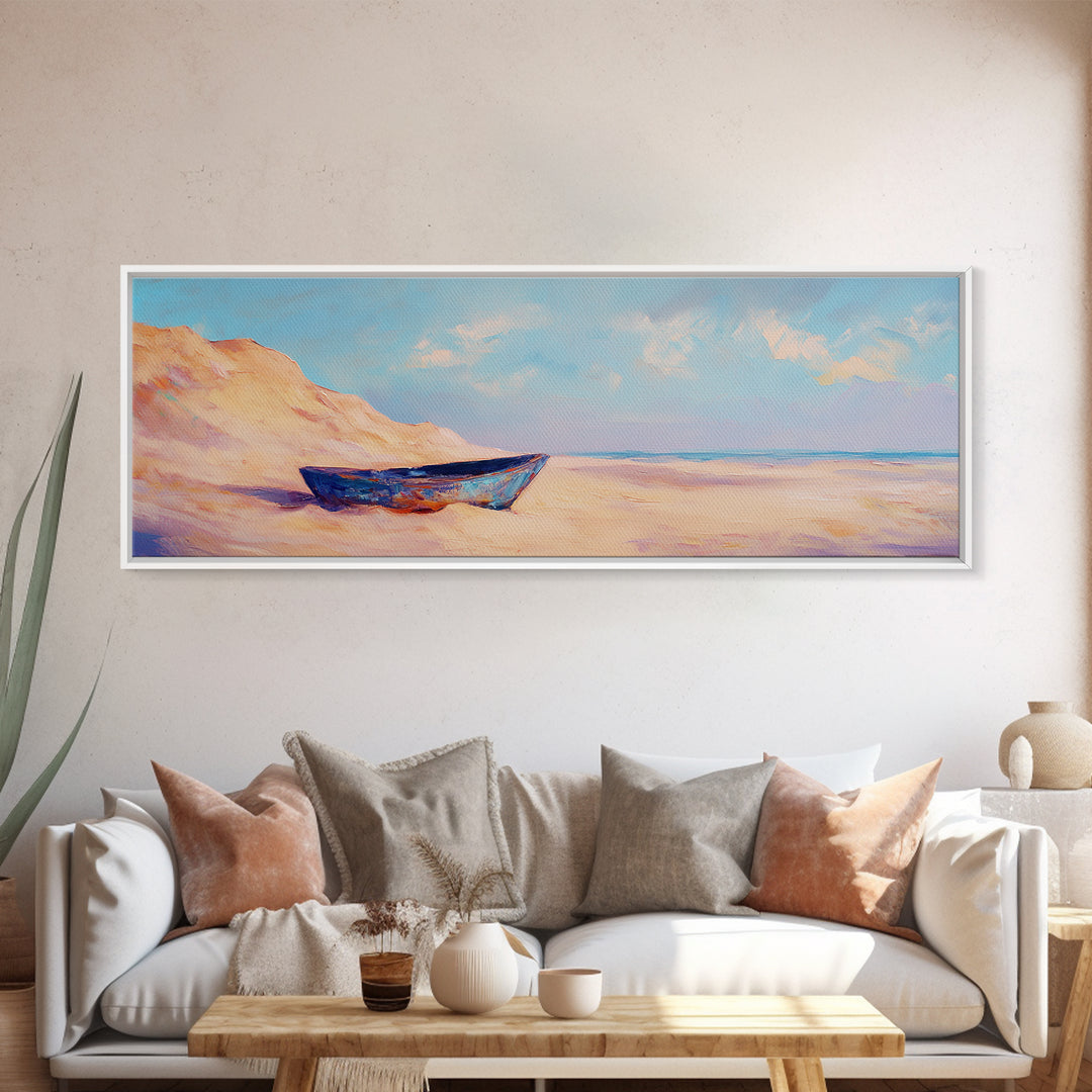 Blue Boat On Sandy Beach Wall Art, Coastal Landscape Painting, Ocean Wall Decor, Beach House Decor, Nautical Print, Summer Home Decor