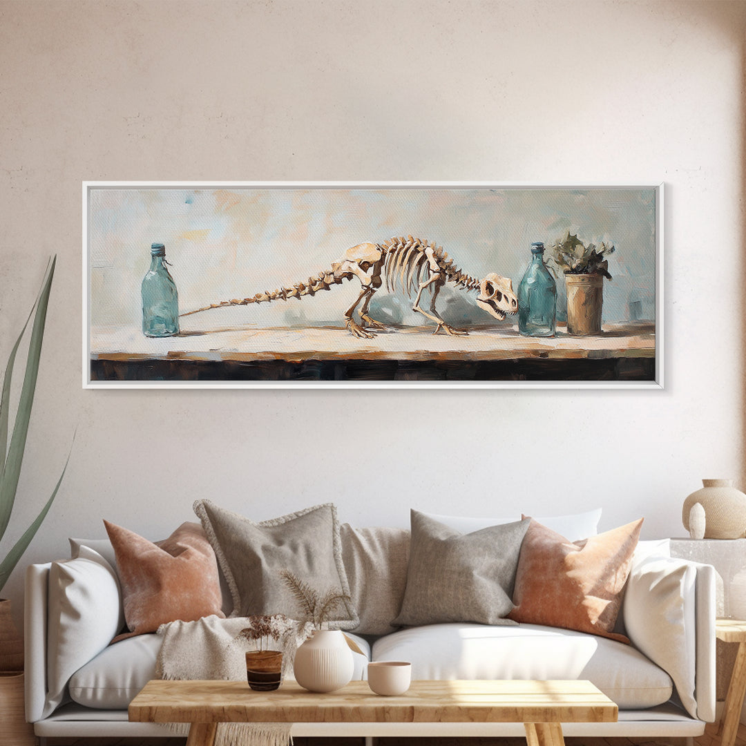Dinosaur Skeleton Still Life Canvas Print, Quirky Science Wall Art, Oddities Decor, Curiosity Cabinet, Office Decor, Gift For Him