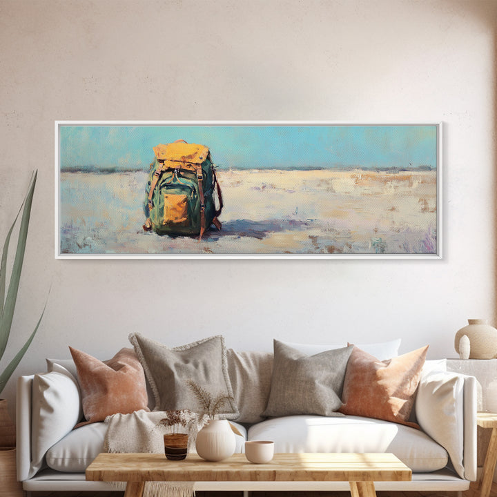 Lonely Backpack On Beach Canvas Print, Minimalist Coastal Landscape Art, Travel Wall Decor, Adventure Gift For Him, Office Decor