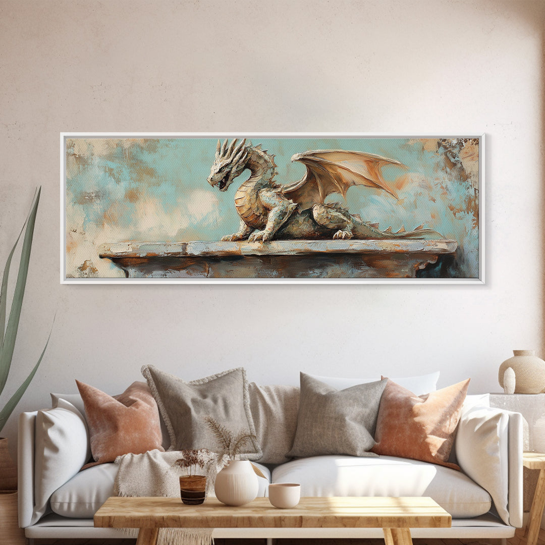Textured Stone Dragon Framed Canvas Print, Fantasy Wall Art, Gothic Medieval Decor, Mythical Creature Gift For Gamer Room Decor