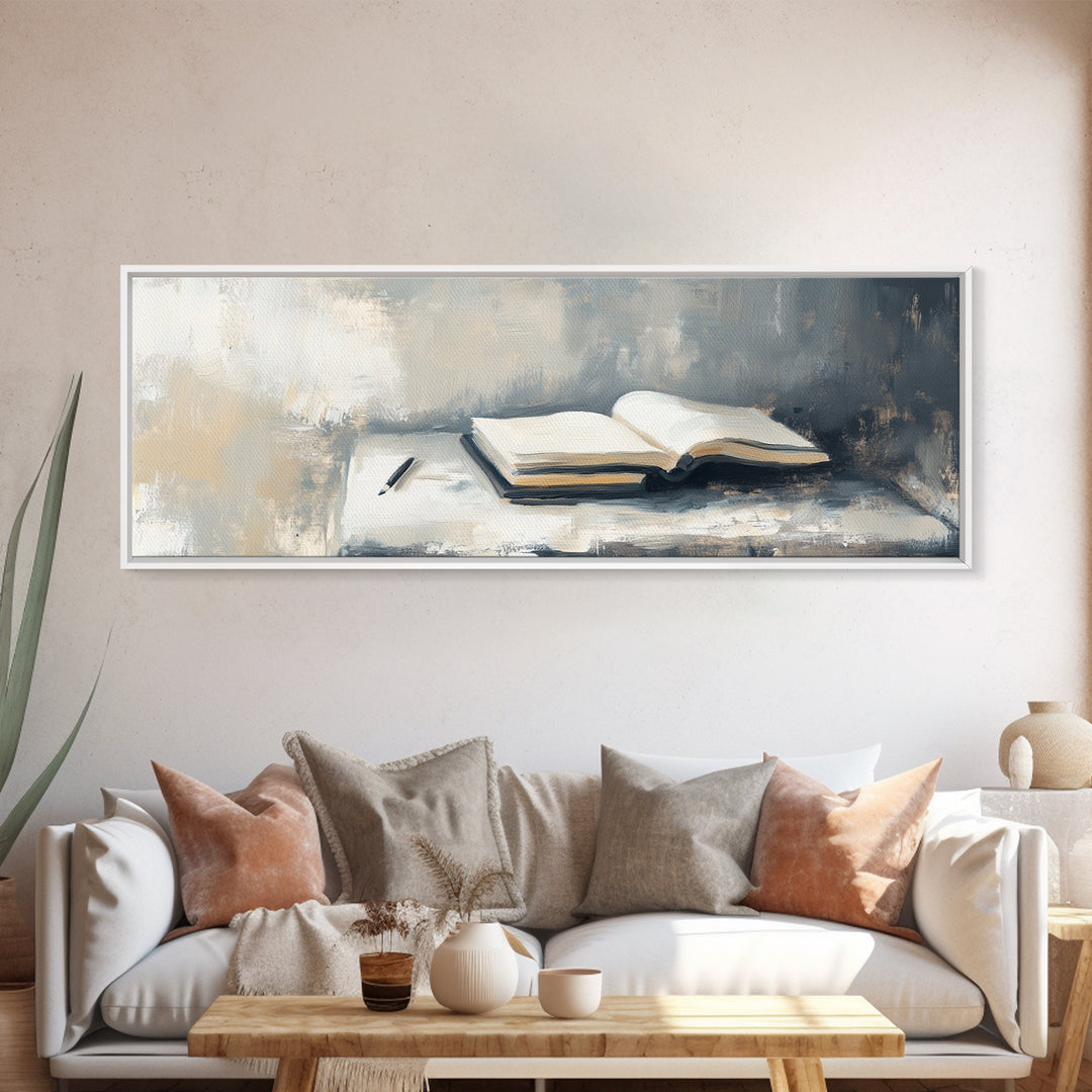 Open Book And Pen Wall Art, Minimalist Literary Canvas Print, Neutral Office Decor, Library Reading Nook Gift For Her, Home Decor