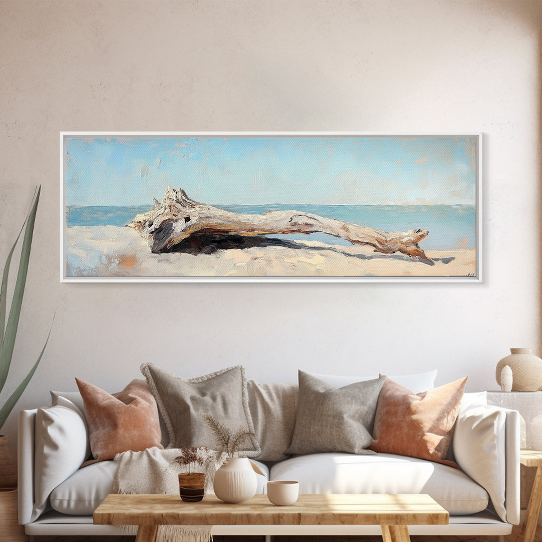 Bleached Driftwood On Sandy Shore Wall Art, Coastal Beach House Decor, Seascape Canvas, Nautical Living Room Print, Home Decor