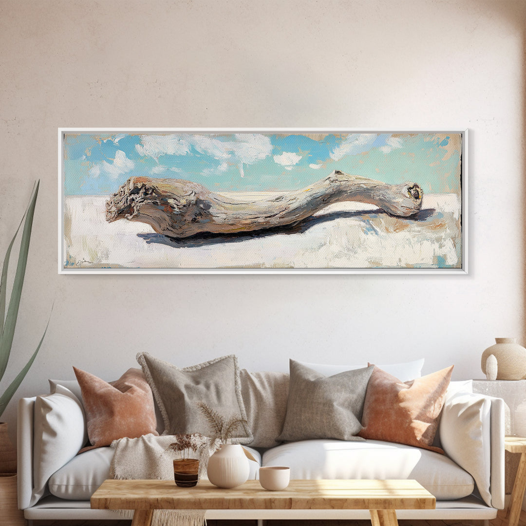 Curved Weathered Driftwood Framed Canvas Print, Coastal Wall Decor, Rustic Beach House Art, Long Horizontal Seascape Living Room Decor