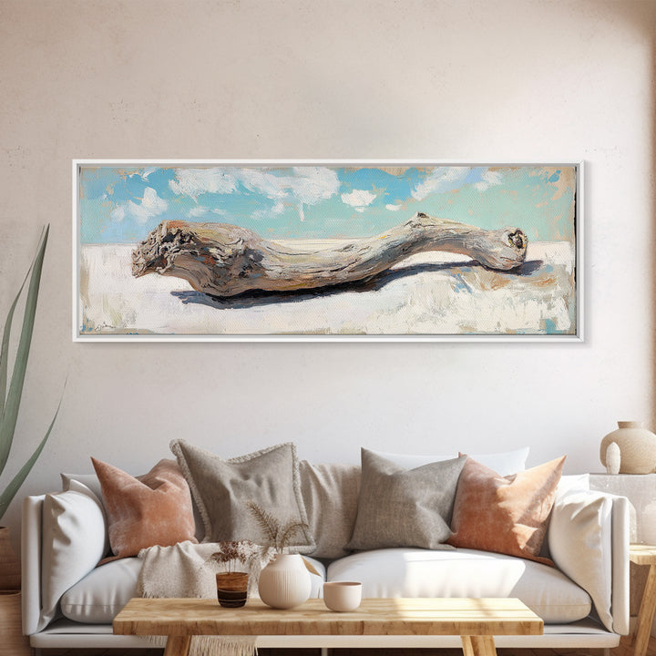 Curved Weathered Driftwood Framed Canvas Print, Coastal Wall Decor, Rustic Beach House Art, Long Horizontal Seascape Living Room Decor