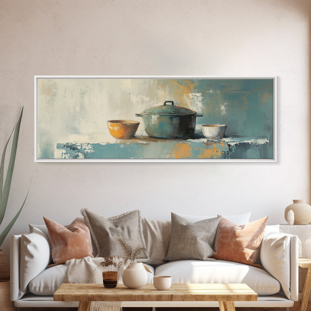 Blue Pot And Bowls Kitchen Wall Art, Rustic Farmhouse Decor, Modern Still Life Canvas Print, Cozy Dining Room Decor, Home Decor