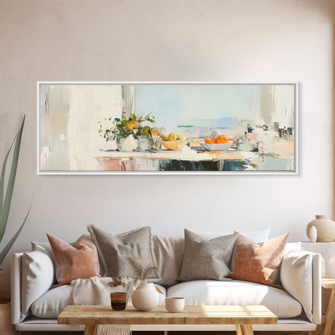 Sunlit Kitchen Counter With Flowers Wall Art, Fruit Still Life Canvas Print, Modern Farmhouse Dining Room Home Decor, Wall Decor