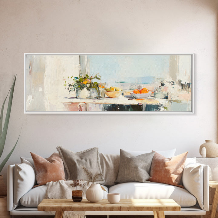 Sunlit Kitchen Counter With Flowers Wall Art, Fruit Still Life Canvas Print, Modern Farmhouse Dining Room Home Decor, Wall Decor