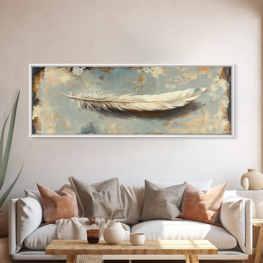 White Feather On Textured Neutral Wall Art, Minimalist Canvas Print For Bedroom, Boho Decor, Calming Coastal Home Decor Gift