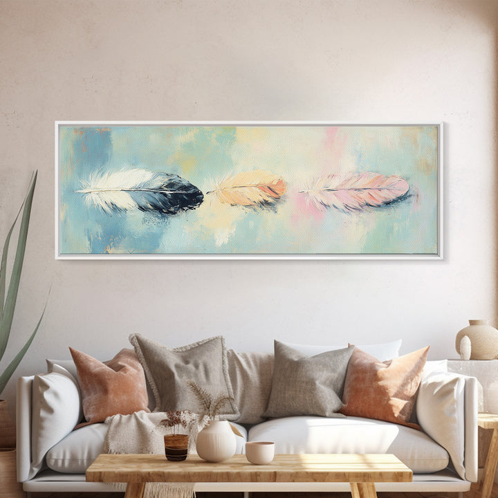 Three Pastel Feathers On Blue Wall Art, Boho Canvas Print For Nursery, Bedroom, Feminine Decor, Soft Coastal Home Decor Gift