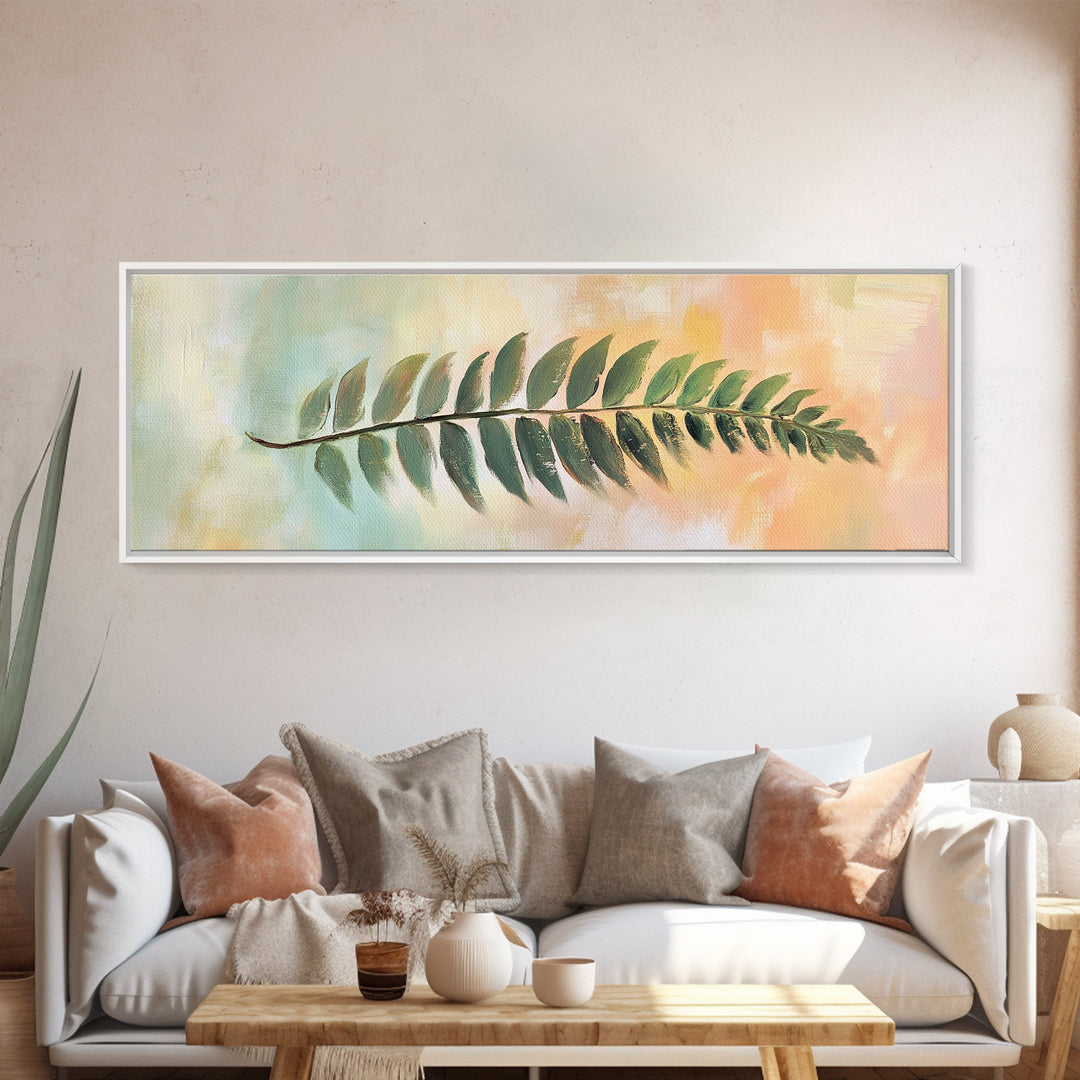 Green Fern Leaf On Pastel Abstract Wall Art, Botanical Canvas Print For Bathroom, Nature Decor, Sage Green Living Room Art