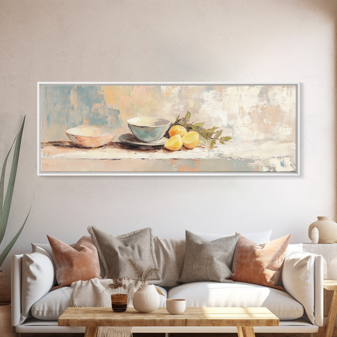 Blue Bowls And Lemons Still Life Canvas Print, Modern Kitchen Wall Art, Food Decor, Citrus Painting, Home Decor, Housewarming Gift