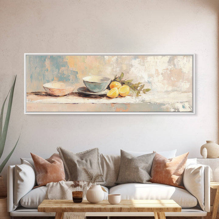 Blue Bowls And Lemons Still Life Canvas Print, Modern Kitchen Wall Art, Food Decor, Citrus Painting, Home Decor, Housewarming Gift