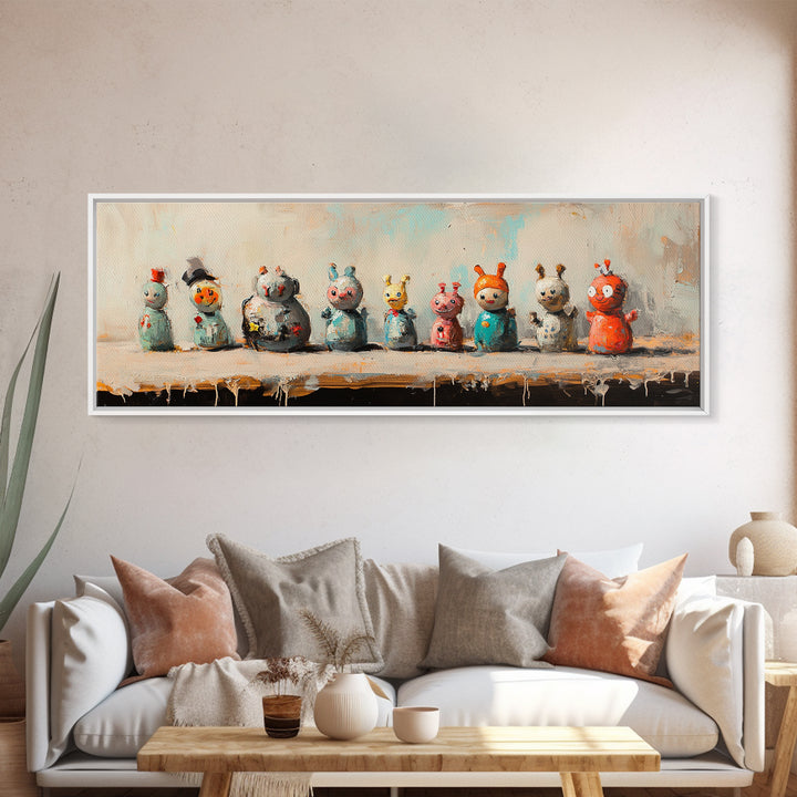 Whimsical Monster Figurines Wall Art, Quirky Kids Room Decor, Playroom Art Print, Colorful Eclectic Nursery Canvas Print