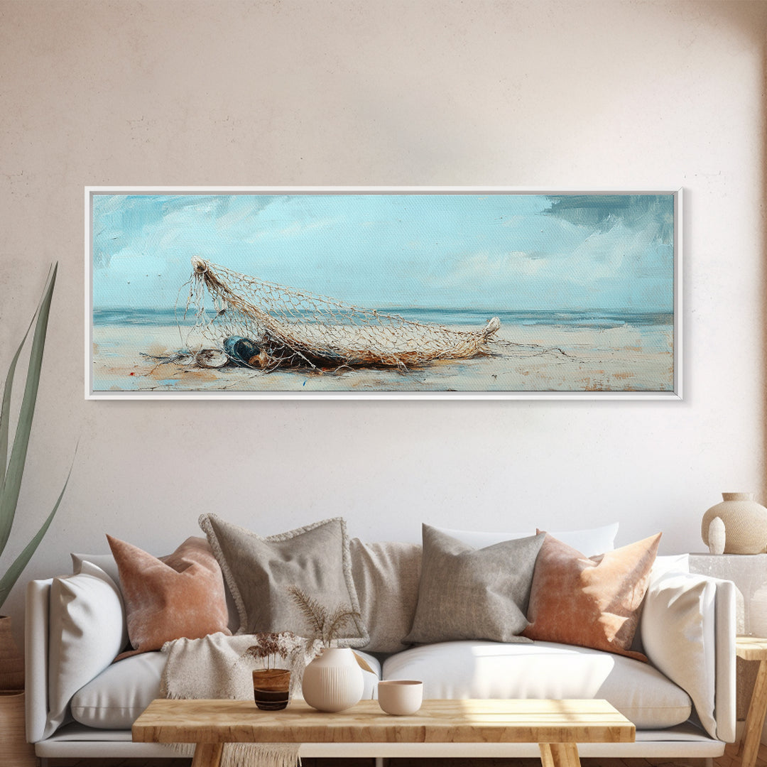 Weathered Fishing Net On Beach Canvas Print, Coastal Wall Art, Nautical Decor, Seascape Painting, Beach House Rustic Home Decor Gift