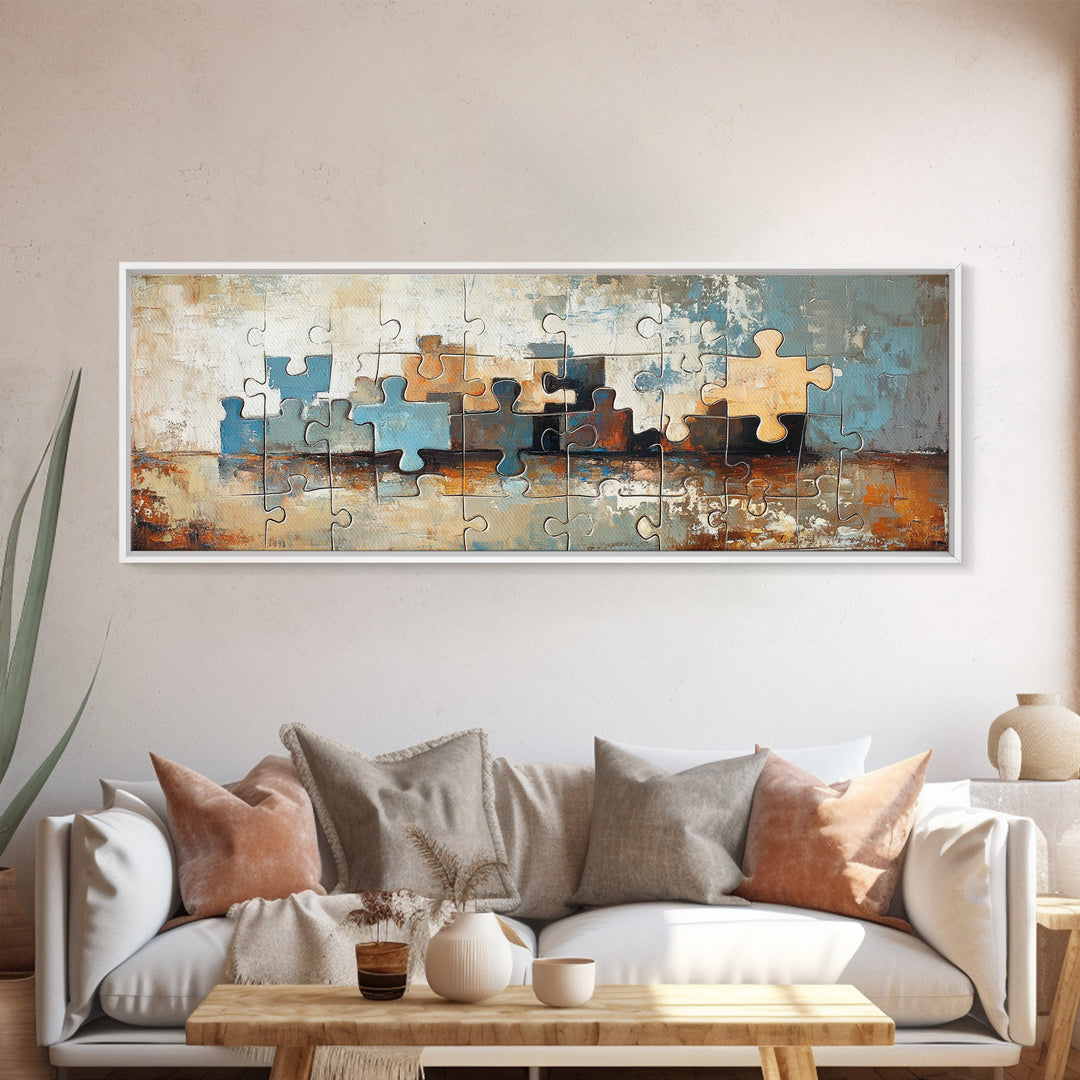 Abstract Puzzle Pieces Painting Wall Art, Modern Geometric Canvas Print For Living Room Decor And Office Decor Gift For Him