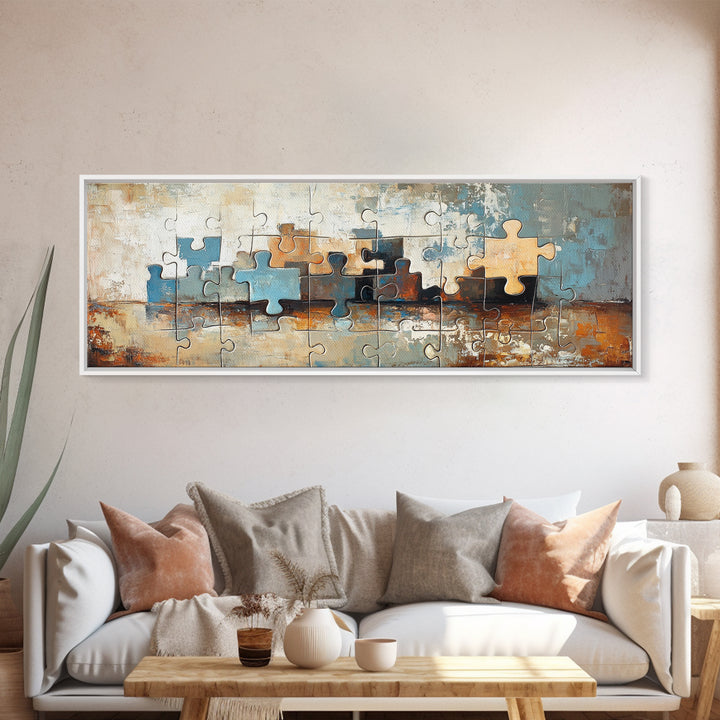 Abstract Puzzle Pieces Painting Wall Art, Modern Geometric Canvas Print For Living Room Decor And Office Decor Gift For Him