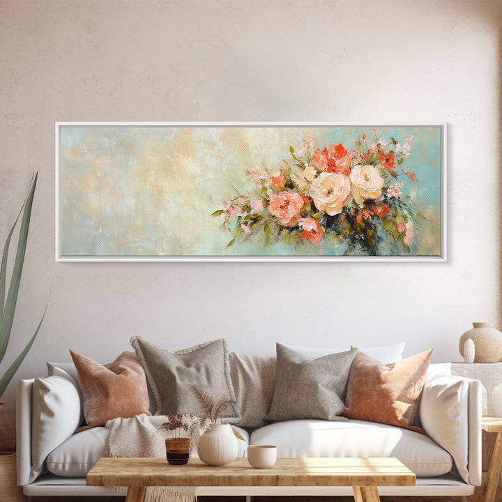 Romantic Peach Rose Bouquet Framed Canvas Print, Floral Wall Art For Bedroom Decor Living Room Decor And Housewarming Gift For Her