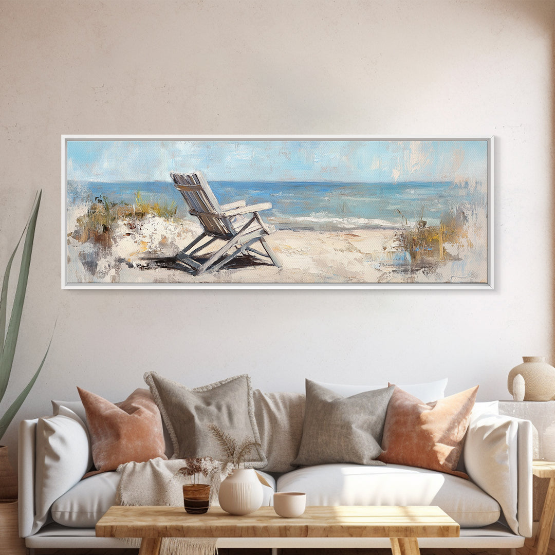 White Beach Chair Ocean View Framed Canvas Print, Coastal Wall Art For Beach House Decor Living Room Decor And Housewarming Gift