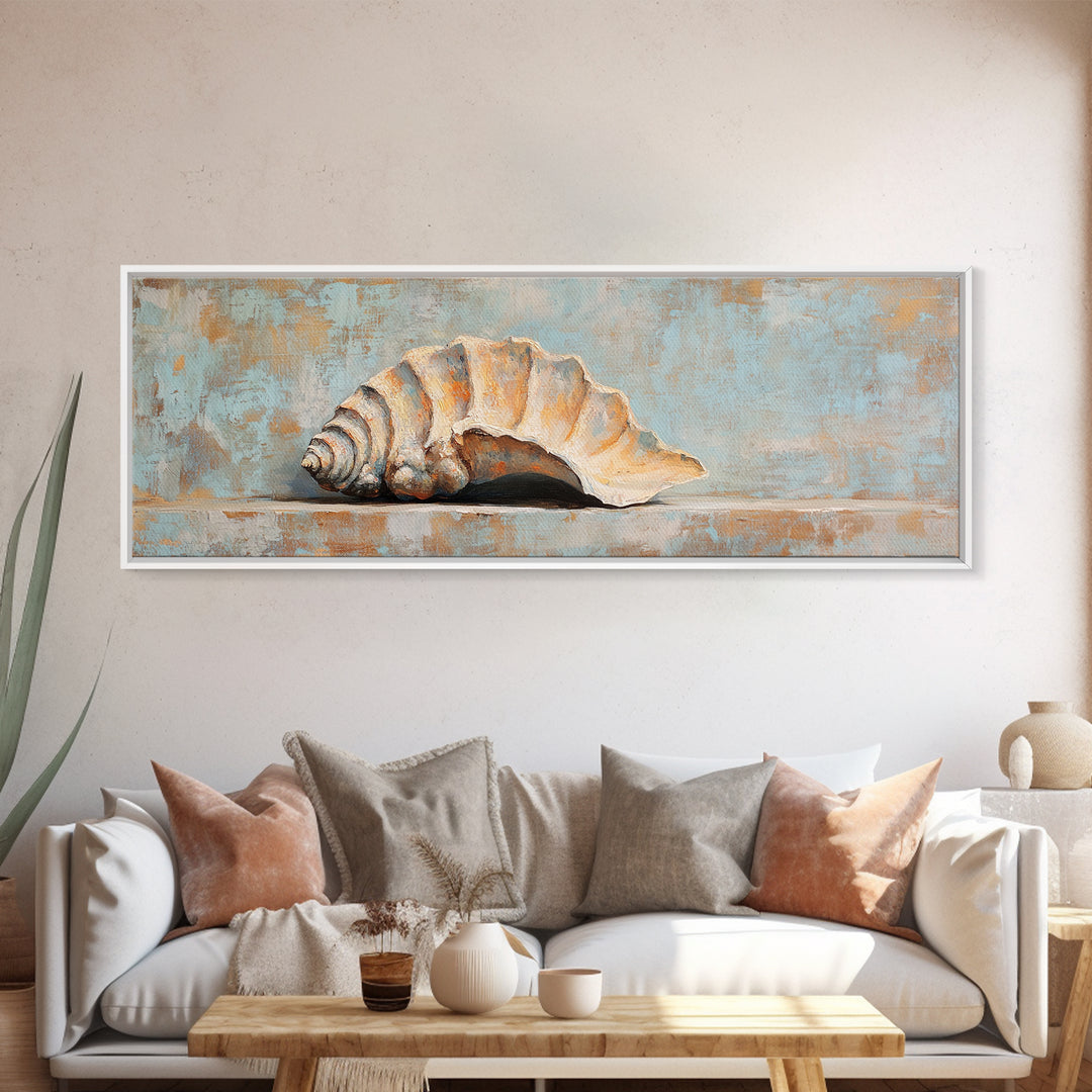 Rustic Seashell Still Life Wall Art, Coastal Beach House Canvas Print, Nautical Bathroom Decor, Ocean Shell Painting Gift