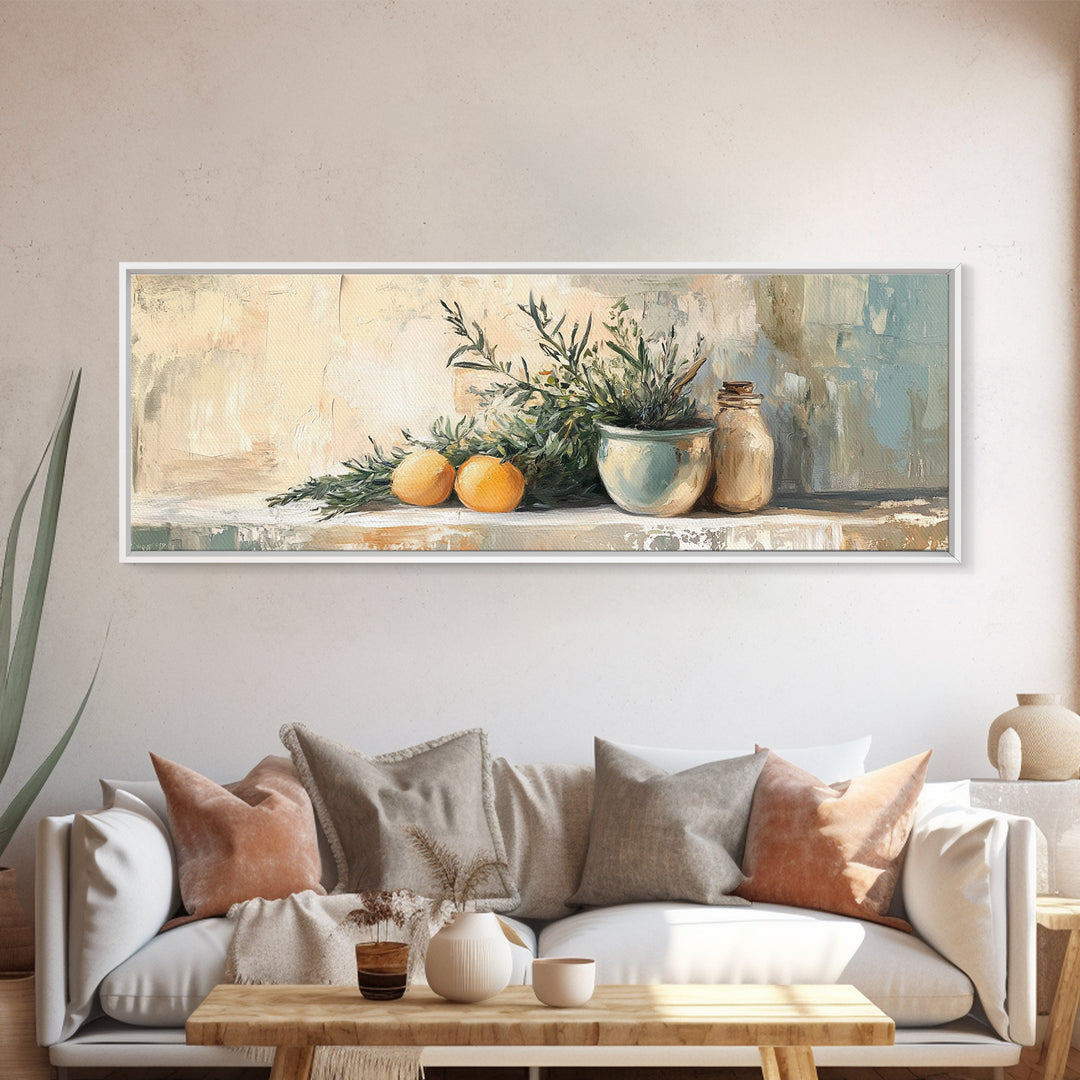 Olive Branch And Citrus Still Life Wall Art, Rustic Kitchen Canvas Print, Farmhouse Country Decor, Mediterranean Art Print