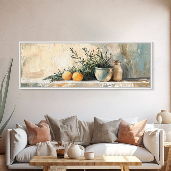 Olive Branch And Citrus Still Life Wall Art, Rustic Kitchen Canvas Print, Farmhouse Country Decor, Mediterranean Art Print