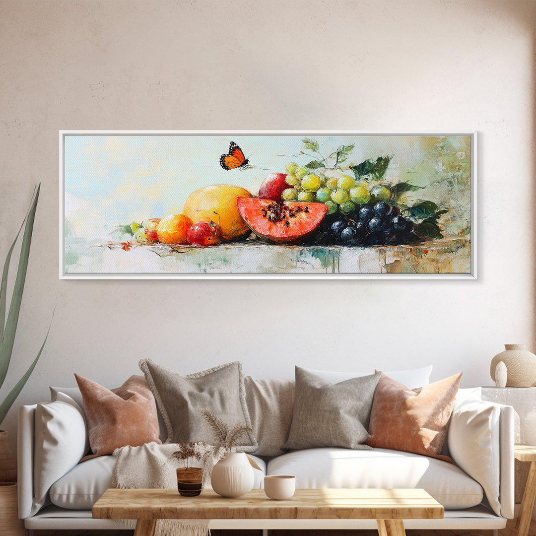 Tropical Fruit And Butterfly Still Life Wall Art, Colorful Kitchen Canvas Print, Summer Farmhouse Decor, Food Lover Gift Art Print