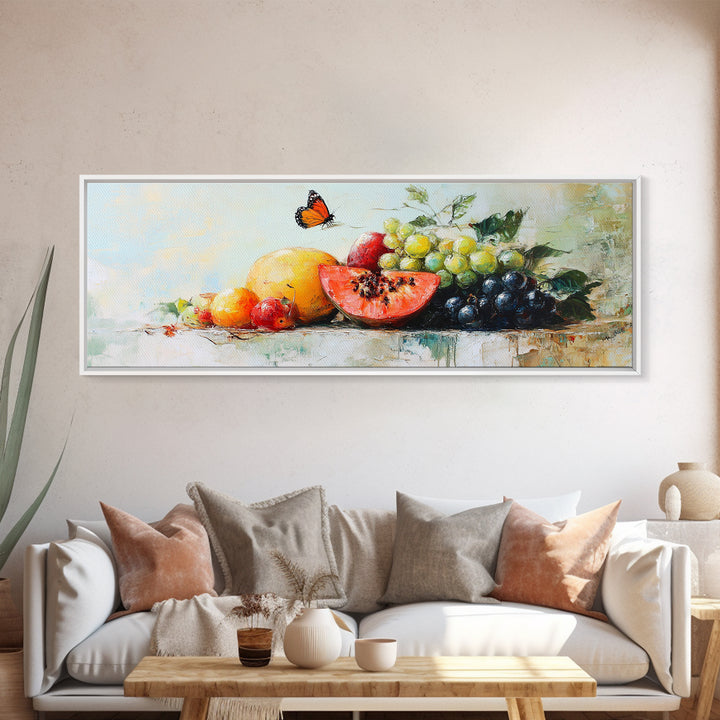 Tropical Fruit And Butterfly Still Life Wall Art, Colorful Kitchen Canvas Print, Summer Farmhouse Decor, Food Lover Gift Art Print