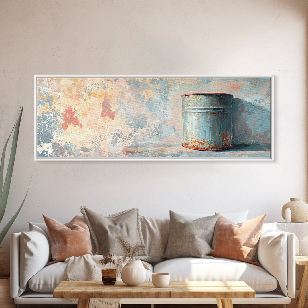 Weathered Blue Tin Can Still Life Wall Art, Rustic Farmhouse Canvas Print, Industrial Kitchen Decor, Textured Painting Print