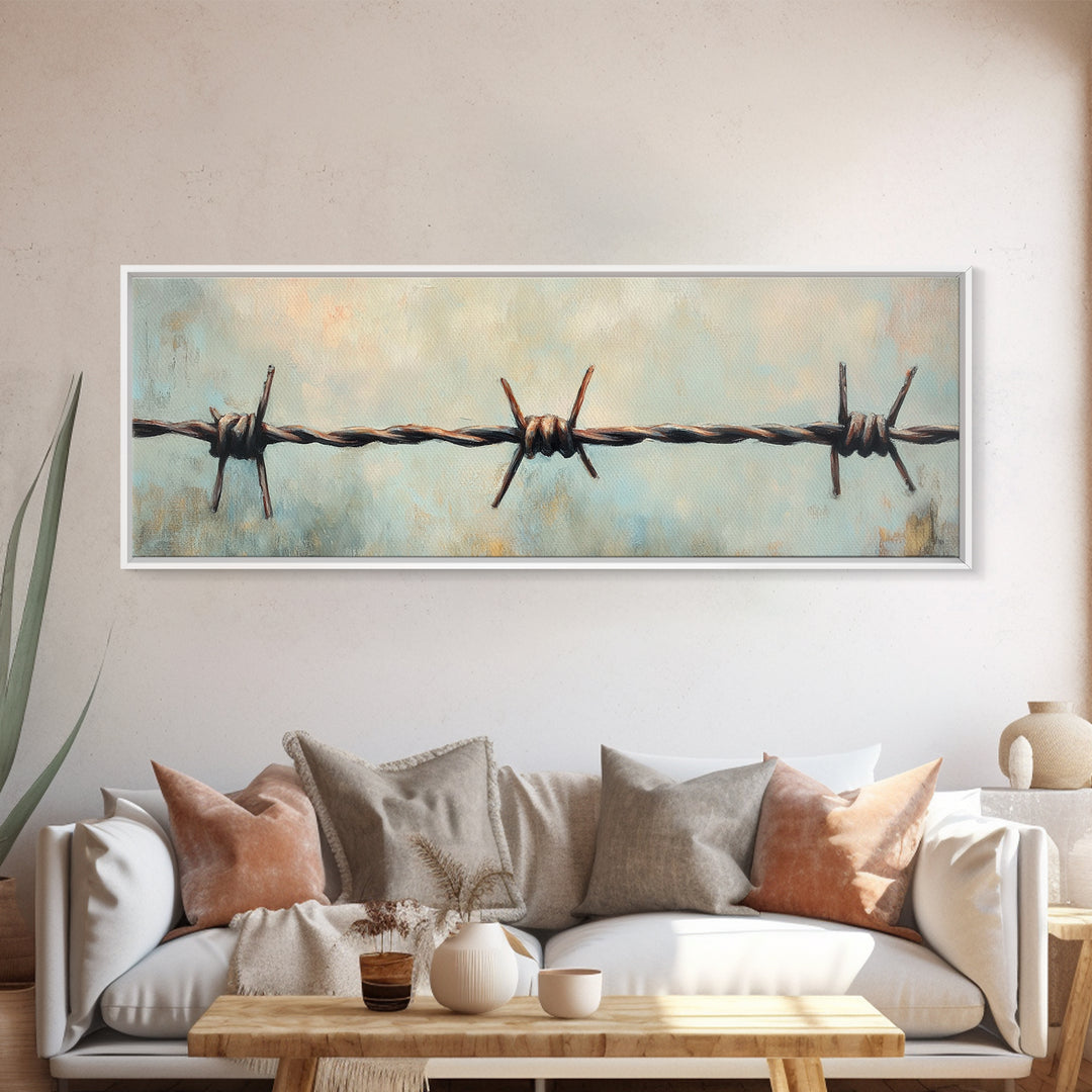 Rustic Barbed Wire Fence Wall Art, Western Canvas Print, Farmhouse Country Decor, Industrial Ranch Masculine Office Decor