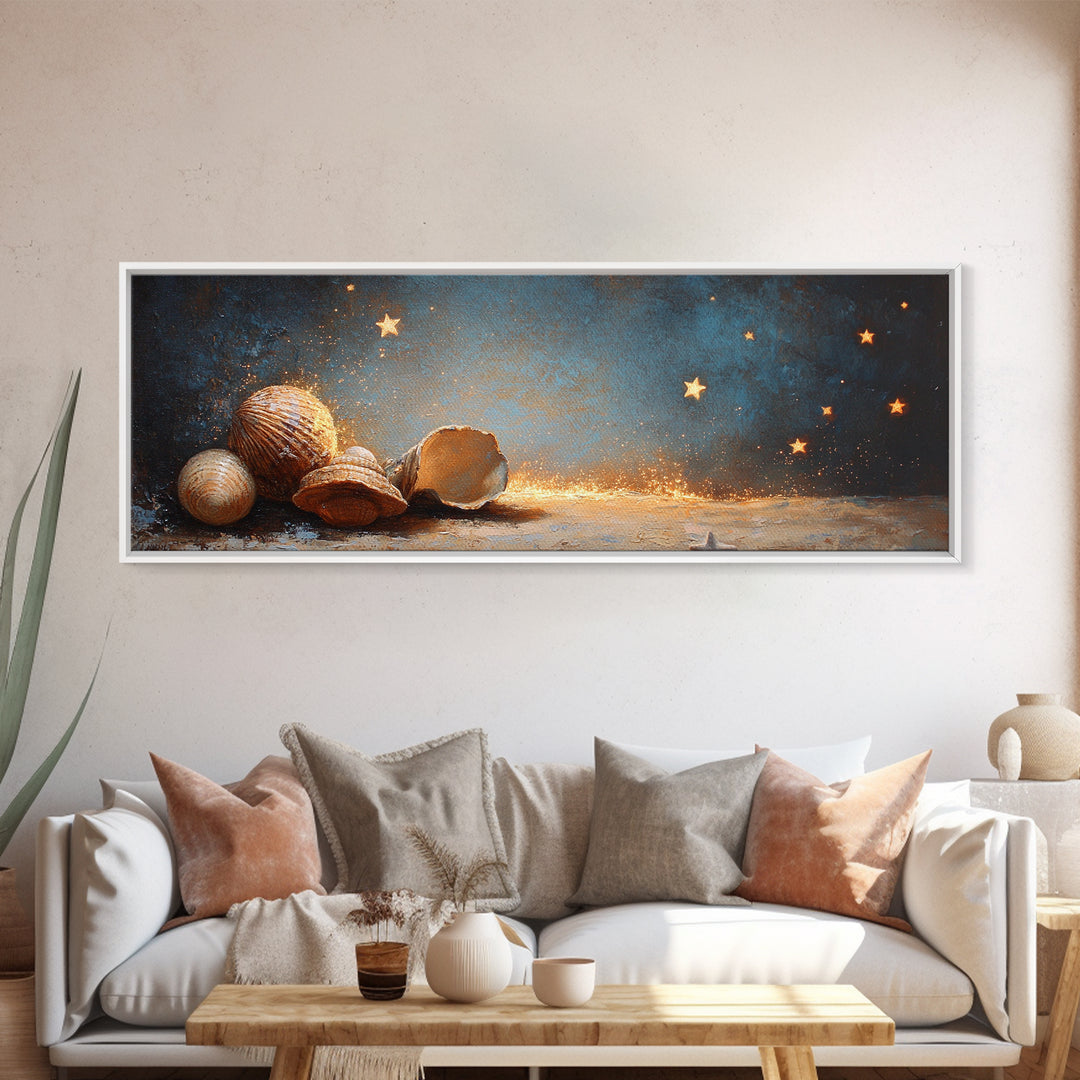 Glowing Seashells And Golden Stars Canvas Print, Coastal Wall Art, Celestial Decor, Beach House Decor, Ocean Wall Decor, Gift For Her