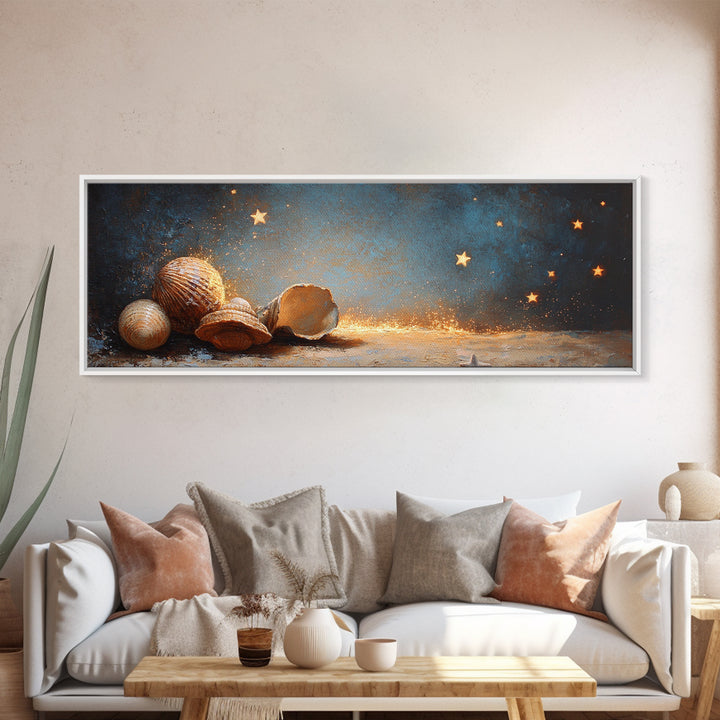 Glowing Seashells And Golden Stars Canvas Print, Coastal Wall Art, Celestial Decor, Beach House Decor, Ocean Wall Decor, Gift For Her