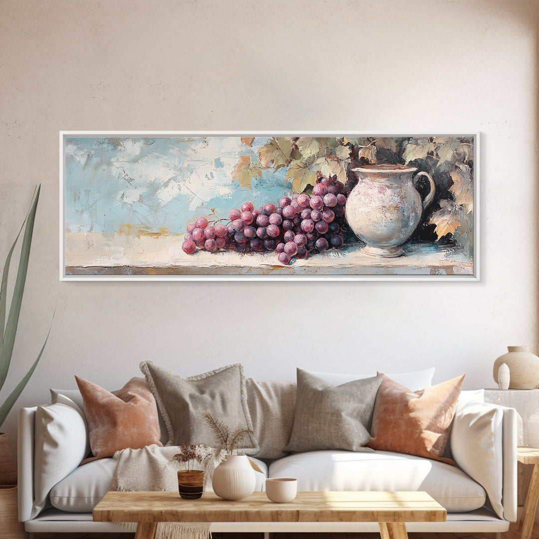 Purple Grapes And Rustic Pitcher Framed Canvas Print, Winery Wall Art, French Country Decor, Kitchen Wall Decor, Gift For Her