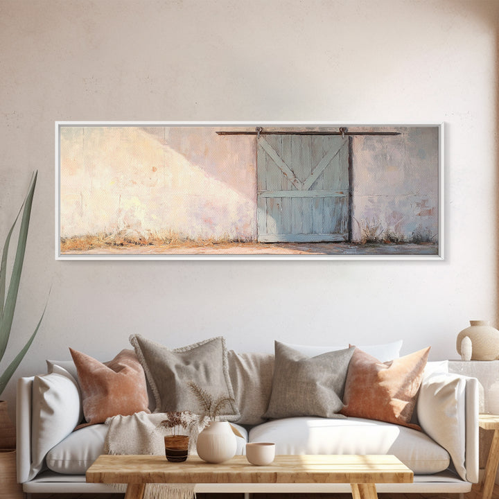 Blue Sliding Barn Door Wall Art, Rustic Farmhouse Decor, Country Wall Decor, Minimalist Landscape Print, Housewarming Gift