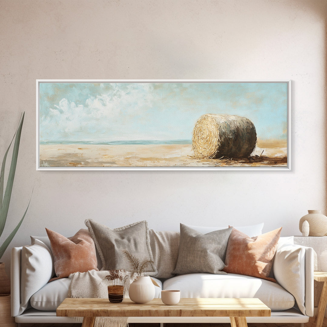 Golden Hay Bale Coastal Landscape Wall Art, Rustic Farmhouse Decor, Country Canvas Print For Living Room Or Kitchen Wall Decor