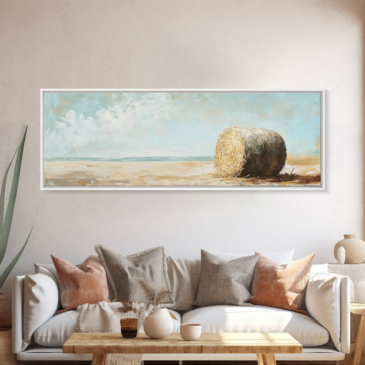 Golden Hay Bale Coastal Landscape Wall Art, Rustic Farmhouse Decor, Country Canvas Print For Living Room Or Kitchen Wall Decor