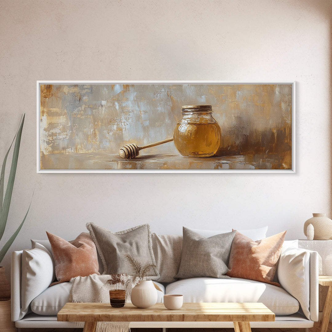 Honey Jar And Dipper Still Life Wall Art, Rustic Kitchen Decor, Farmhouse Canvas Print For Dining Room Or Pantry Wall Decor Gift