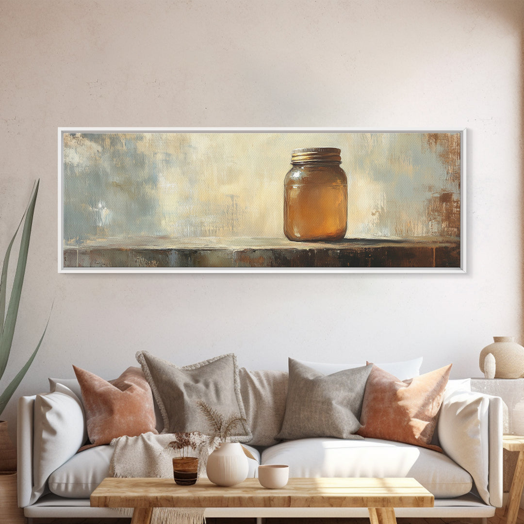 Amber Mason Jar Still Life Wall Art, Rustic Farmhouse Decor, Neutral Canvas Print For Kitchen Shelf Or Dining Room Wall Decor